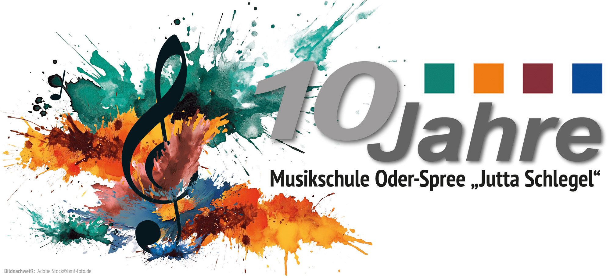 Schriftzug 10 Jahre Musikschule Oder-Spree "Jutta Schlegel" mit Notenschlüssel, Musiknoten auf bunten Farbklecksen
